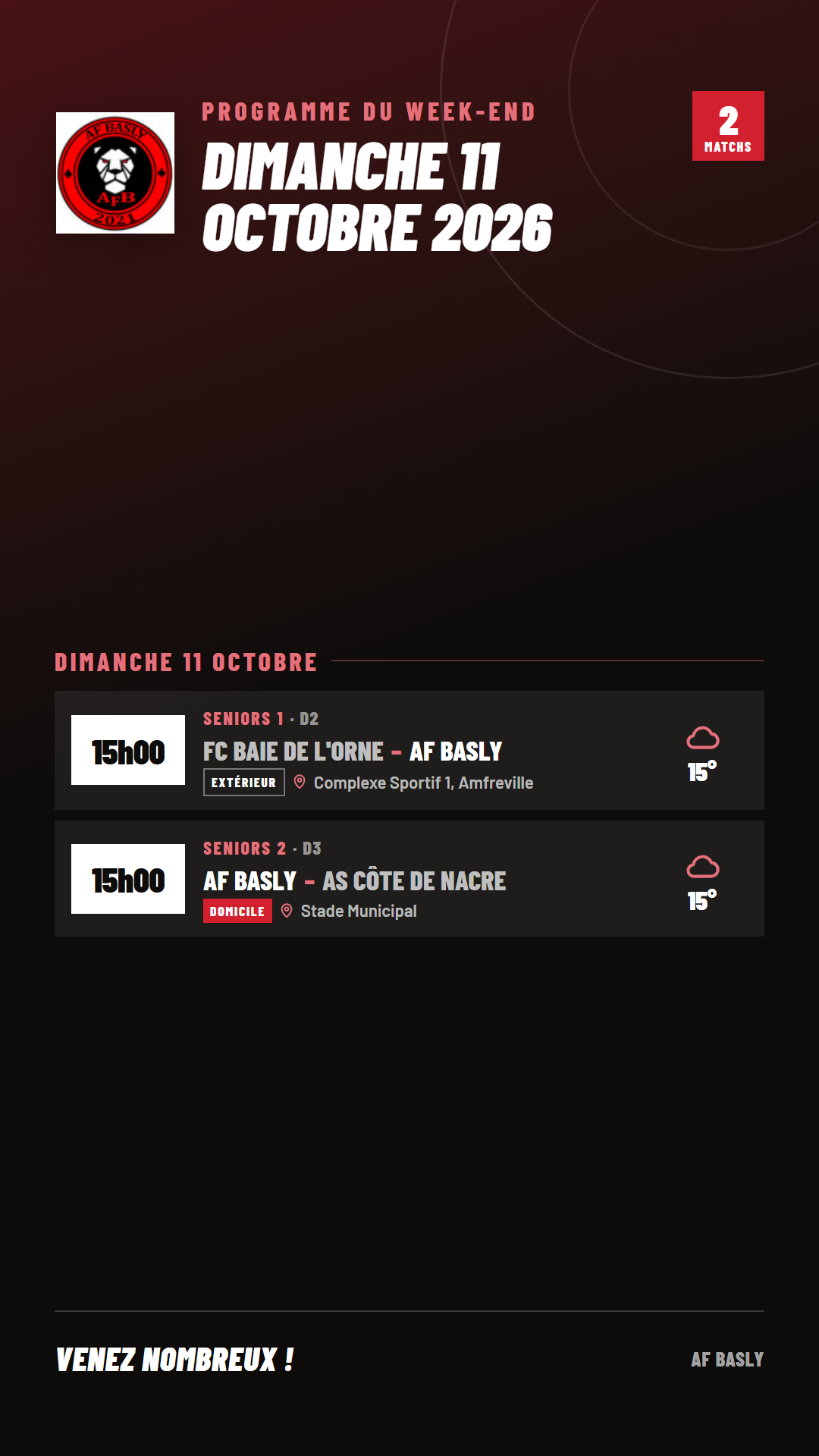 Programme du week-end de l'AF Basly, dimanche 11 octobre 2026
